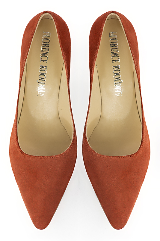 Terracotta orange women's dress pumps,with a square neckline. Tapered toe. High slim heel. Top view - Florence KOOIJMAN